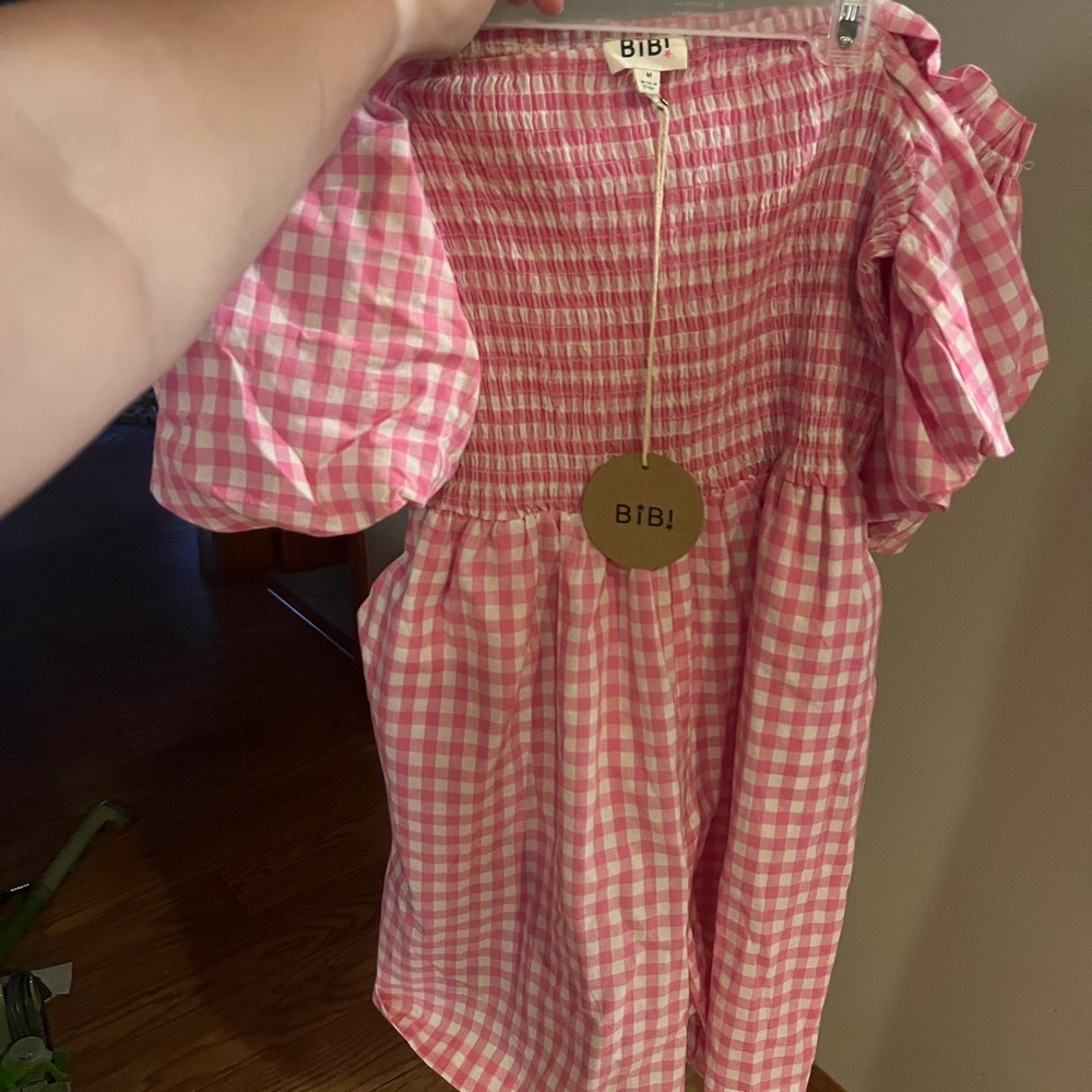 BiBi Pink Gingham Romper with Puff Sleeves